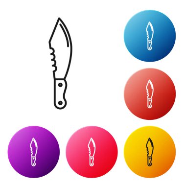 Beyaz arka planda siyah çizgili askeri bıçak ikonu var. Renkli daire düğmelerini ayarlayın. Vektör İllüstrasyonu