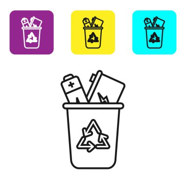 Beyaz arkaplanda izole edilmiş geri dönüşüm sembolü simgesi olan siyah çizgi geri dönüşüm kutusu. Çöp kutusu simgesi. Çöp kutusu tabelası. Geri dönüşüm sepeti işareti. Renkli kare düğmeleri ayarlayın. Vektör İllüstrasyonu