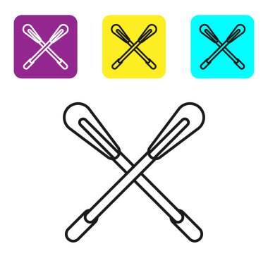 Siyah çizgi çapraz kürek simgesi beyaz arkaplanda izole edildi. Kürek çekin. Renkli kare düğmeleri ayarlayın. Vektör İllüstrasyonu