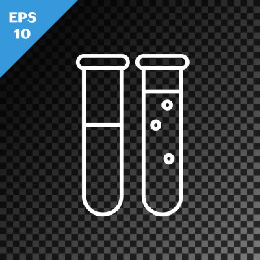 Beyaz çizgi Test tüpü ve kimyasal test ikonu şeffaf koyu arkaplanda izole edilmiş. Laboratuvar cam levhası. Vektör İllüstrasyonu