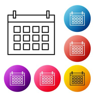 Beyaz arka planda yalıtılmış siyah çizgi Takvim simgesi. Olay hatırlatıcı sembolü. Simgeleri renkli daire düğmeleri ayarlayın. Vektör İllüstrasyonu