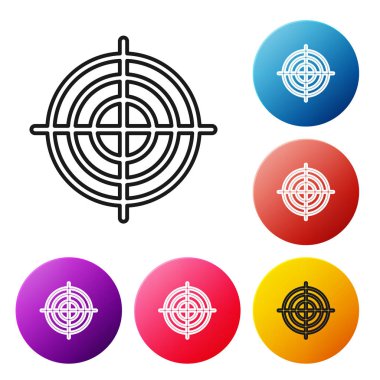 Siyah çizgi Hedef spor çekim rekabet simgesi beyaz arka plan üzerinde izole. Atış mesafesi veya atış için numaralarla hedefi temizleyin. Simgeleri renkli daire düğmeleri ayarlayın. Vektör İllüstrasyonu