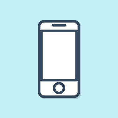 Mavi çizgi mobil akıllı telefon. Mavi arkaplanda uygulama dağıtım ikonu var. Paket takibi. Vektör İllüstrasyonu