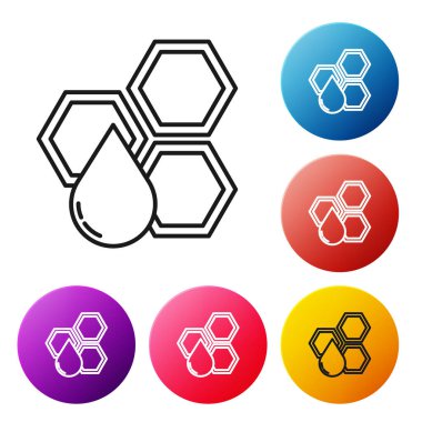 Siyah çizgi Petek simgesi beyaz arka plan üzerinde izole. Bal hücreleri sembolü. Tatlı doğal yemekler. Simgeleri renkli daire düğmeleri ayarlayın. Vektör İllüstrasyonu