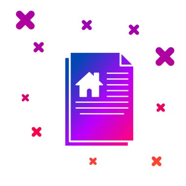 Renkli Ev sözleşmesi simgesi beyaz arka planda izole edildi. Sözleşme oluşturma hizmeti, belge oluşumu, başvuru formu bileşimi. Kademeli rastgele dinamik şekiller. Vektör İllüstrasyonu