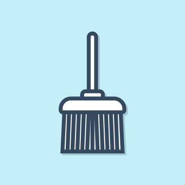 Mavi çizgi süpürge sapı simgesi mavi arkaplanda izole edildi. Temizlik hizmeti konsepti. Vektör İllüstrasyonu