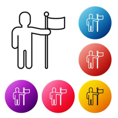 Siyah Çizgili Adam beyaz arkaplanda bayrak simgesi tutuyor. Renkli daire düğmelerini ayarlayın. Vektör İllüstrasyonu