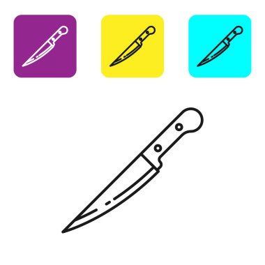 Siyah çizgi Bıçak simgesi beyaz arka planda yalıtılmış. Çatal bıçak takımı sembolü. Simgeleri renkli kare düğmeleri ayarlayın. Vektör İllüstrasyonu