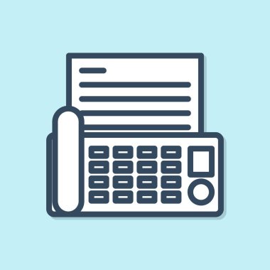 Mavi çizgi faks makinesi simgesi mavi arkaplanda izole edildi. Ofis telefonu. Vektör İllüstrasyonu