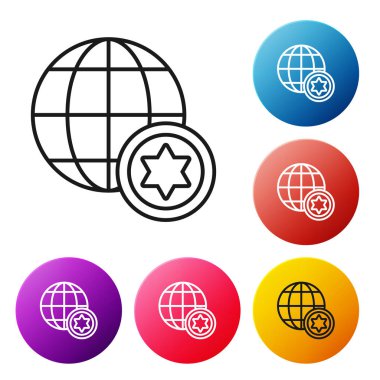 Siyah çizgi Dünya Küresi ve İsrail ikonu beyaz arka planda izole edildi. Renkli daire düğmelerini ayarlayın. Vektör İllüstrasyonu