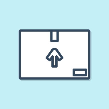 Mavi çizgili karton kutu mavi arka planda izole edilmiş trafik sembolü simgesi. Kutu, paket, paket işareti. Teslimat, ulaşım ve nakliye. Vektör İllüstrasyonu