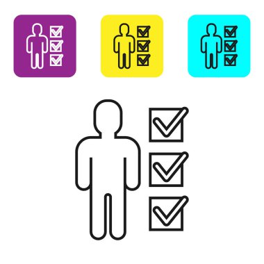 Siyah çizgi kullanıcısı beyaz arka planda izole edilmiş takım elbiseli adam simgesi. İş simgesi kullanıcı profili simgesi simgesi. Erkek kullanıcı işareti. Renkli kare düğmeleri ayarlayın. Vektör İllüstrasyonu