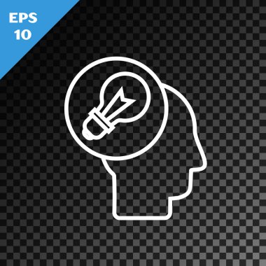 Beyaz çizgi insan kafası ve ampul simgesi şeffaf koyu arkaplanda izole edilmiş. Vektör İllüstrasyonu