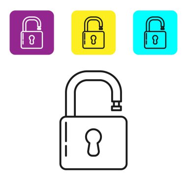 Siyah çizgi Açık asma kilit simgesi beyaz arkaplanda izole edildi. Kilit açık işareti. Siber güvenlik kavramı. Dijital veri koruması. Güvenlik kilidi. Renkli kare düğmeleri ayarlayın. Vektör İllüstrasyonu