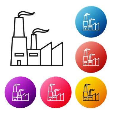 Siyah çizgi fabrikası simgesi beyaz arkaplanda izole edildi. Endüstriyel bina. Renkli daire düğmelerini ayarlayın. Vektör İllüstrasyonu