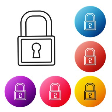 Beyaz arka planda yalıtılmış siyah çizgi Kilit simgesi. Asma kilit işareti. Güvenlik, güvenlik, koruma, gizlilik kavramı. Simgeleri renkli daire düğmeleri ayarlayın. Vektör İllüstrasyonu