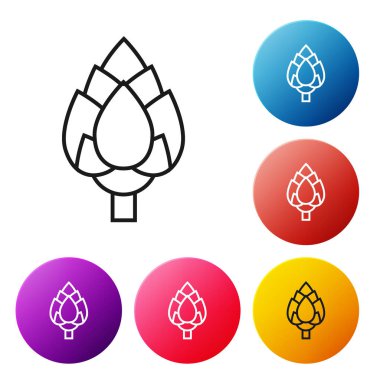 Siyah çizgi Hop simgesi beyaz arkaplanda izole edildi. Renkli daire düğmelerini ayarlayın. Vektör İllüstrasyonu