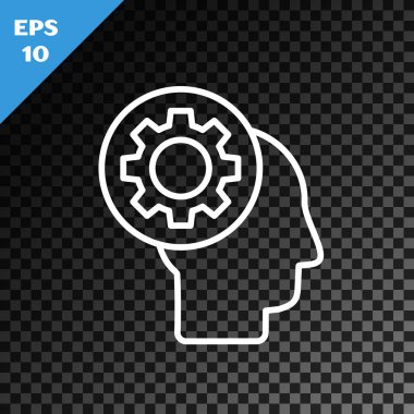 Beyaz çizgi insan kafası ve simgenin içindeki teçhizat şeffaf koyu arkaplanda izole edilmiş. Yapay zeka. Beyin işaretini düşünüyorum. Beynin sembol çalışması. Vektör İllüstrasyonu