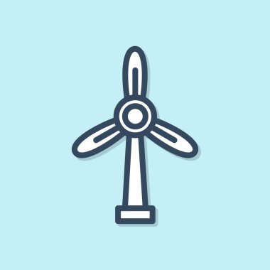 Mavi çizgi rüzgar türbini simgesi mavi arkaplanda izole edildi. Rüzgar jeneratörü işareti. Elektrik üretimi için yel değirmeni. Vektör İllüstrasyonu