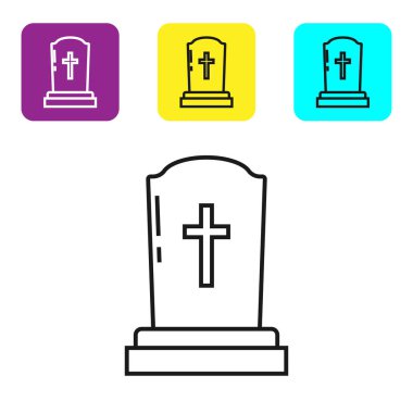 Beyaz arka planda çapraz simgesi olan siyah çizgi Tombstone. Mezar ikonu. Renkli kare düğmeleri ayarlayın. Vektör İllüstrasyonu