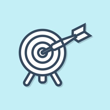 Mavi arkaplanda ok simgesi olan mavi çizgi hedefi. Dart tahtası işareti. Okçuluk tahtası simgesi. Dartboard işareti. İş hedefi kavramı. Vektör İllüstrasyonu