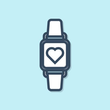Mavi çizgi. Mavi arkaplanda kalp atış hızı simgesini gösteren akıllı saat. Fitness uygulaması konsepti. Vektör İllüstrasyonu