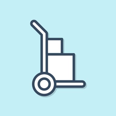 Mavi çizgili el arabası ve mavi arka planda izole edilmiş kutular. Dolly sembolü. Vektör İllüstrasyonu