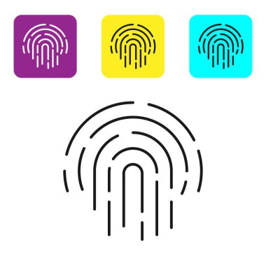 Beyaz arkaplanda siyah çizgi parmak izi simgesi izole edildi. Kimlik uygulama simgesi. Kimlik işareti. Kimliğe dokun. Renkli kare düğmeleri ayarlayın. Vektör İllüstrasyonu