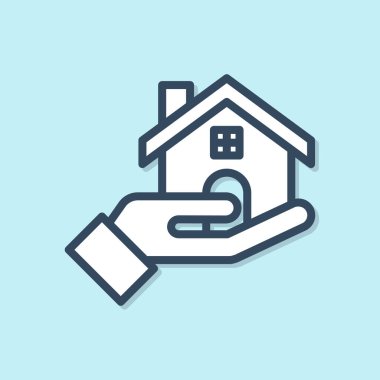 Mavi çizgi emlakçı simgesi mavi arkaplanda izole edildi. Ev almak. Vektör İllüstrasyonu