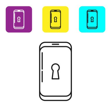 Beyaz arkaplanda kilit simgesi olan siyah çizgi akıllı telefon. Kilitli telefon. Gezici güvenlik, güvenlik, koruma konsepti. Renkli kare düğmeleri ayarlayın. Vektör İllüstrasyonu