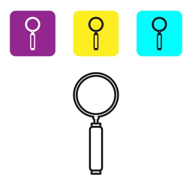 Beyaz arka planda siyah çizgi büyüteç simgesi izole edildi. Arama, odaklanma, yakınlaştırma, iş sembolü. Renkli kare düğmeleri ayarlayın. Vektör İllüstrasyonu