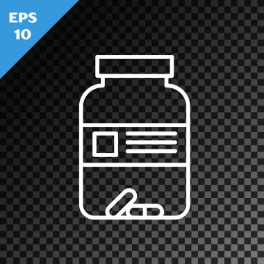Beyaz çizgi Tıp şişe ve hap simgesi şeffaf koyu arka plan üzerinde izole. Şişe hapı işareti. Eczane tasarımı. Vektör İllüstrasyonu