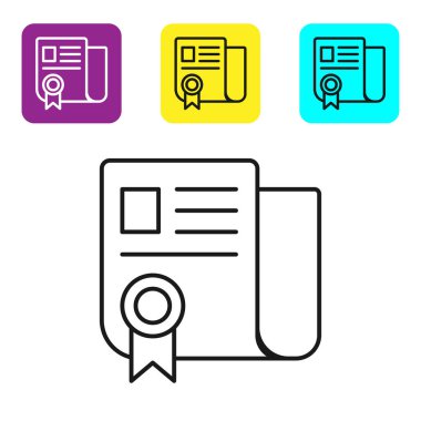 Beyaz arkaplanda siyah çizgi sertifika şablon simgesi izole edildi. Başarı, ödül, diploma, burs, diploma. İş başarısı sertifikası Renkli kare düğmeleri ayarlayın. Vektör İllüstrasyonu