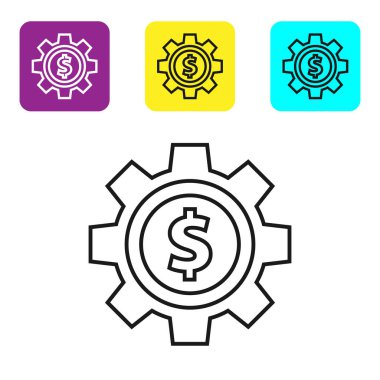 Beyaz zemin üzerinde dolar sembolü olan siyah çizgi dişlisi. İş ve finans kavramsal ikonu. Renkli kare düğmeleri ayarlayın. Vektör İllüstrasyonu