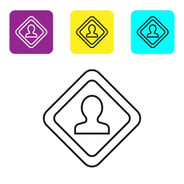 Siyah çizgi trafik levhası. Beyaz arkaplanda sinyal simgesi izole edildi. İşaretçi sembolü. İzole sokak bilgi levhası. Yön tabelası. Renkli kare düğmeleri ayarlayın. Vektör İllüstrasyonu