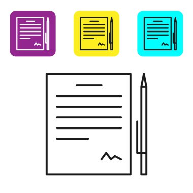 Beyaz arkaplanda kalem simgesi olan siyah çizgi sözleşmesi. Dosya simgesi. Kontrol listesi simgesi. İş konsepti. Renkli kare düğmeleri ayarlayın. Vektör İllüstrasyonu