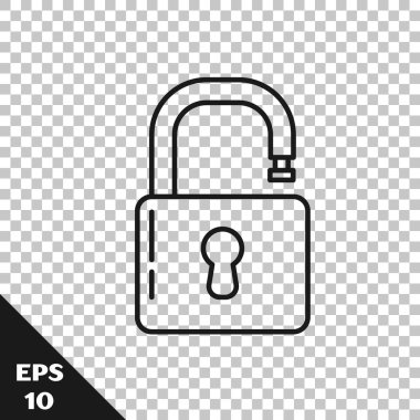 Siyah çizgi Açık asma kilit simgesi şeffaf arkaplanda izole edildi. Kilit açık işareti. Siber güvenlik kavramı. Dijital veri koruması. Güvenlik kilidi. Vektör İllüstrasyonu