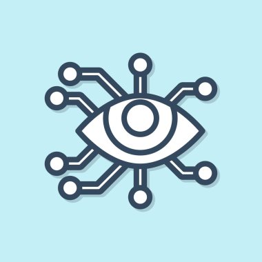 Mavi çizgi göz tarama simgesi mavi arkaplanda izole edildi. Göz taraması yapılıyor. Güvenlik kontrol sembolü. Siber göz işareti. Vektör İllüstrasyonu