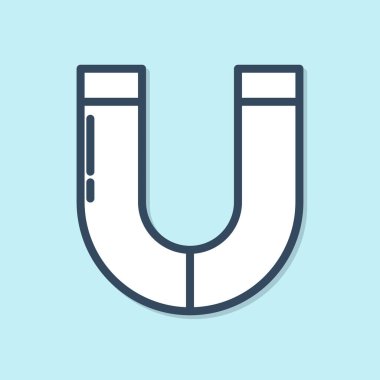 Mavi çizgi mıknatıs simgesi mavi arkaplanda izole edildi. At nalı mıknatısı, manyetizma, manyetizma, çekim. Vektör İllüstrasyonu