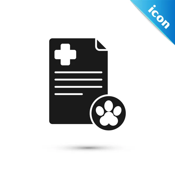 Clipboard preto com registro clínico médico pet ícone isolado no fundo branco. Formulário de seguro de saúde. Relatório de marcas médicas. Ilustração vetorial — Vetor de Stock