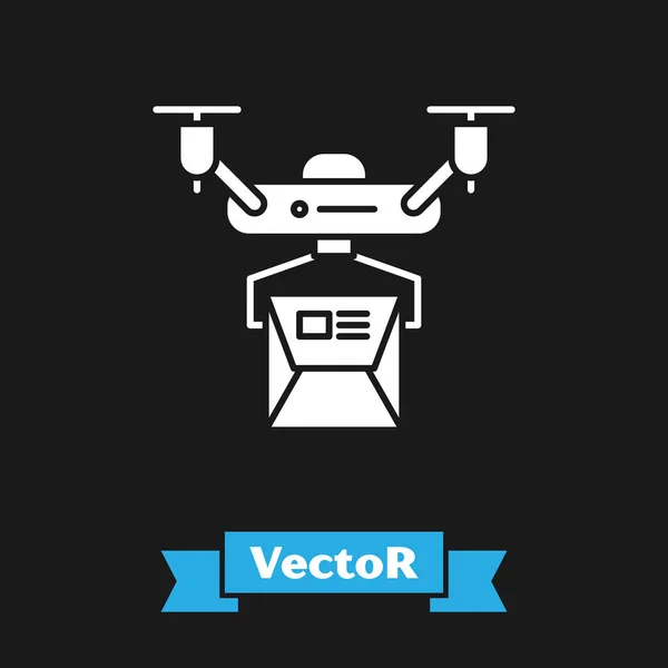 Weißes Drohnen-Lieferkonzept-Symbol isoliert auf schwarzem Hintergrund. Quadrocopter mit einem Paket. Transport, Logistikkonzept. Vektorillustration — Stockvektor