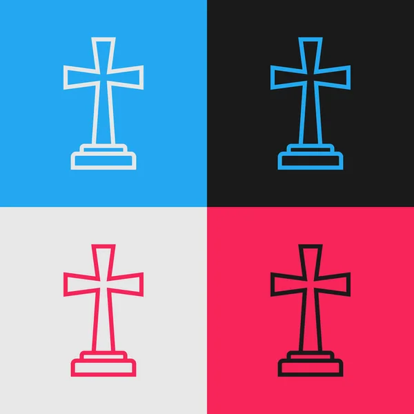 Цветная Линия Надгробия Крестом Значок Изолирован Цветном Фоне Значок Могилы — стоковый вектор