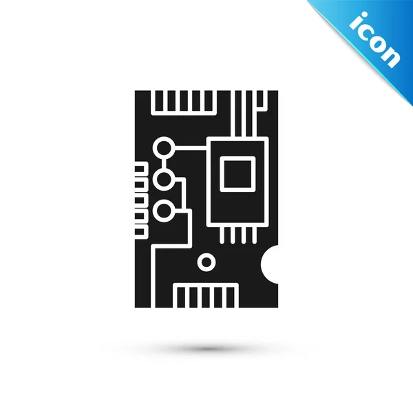 Czarne elektroniczne komponenty komputerowe płyta główna cyfrowy chip zintegrowany ikona nauki izolowane na białym tle. Płytka obwodu drukowanego. Ilustracja wektora — Wektor stockowy