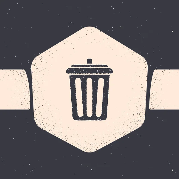 Grunge Trash can icon isolated on grey background. Garbage bin sign. Recycle basket icon. Office trash icon. Monochrome vintage drawing. Vector Illustration — Stock Vector