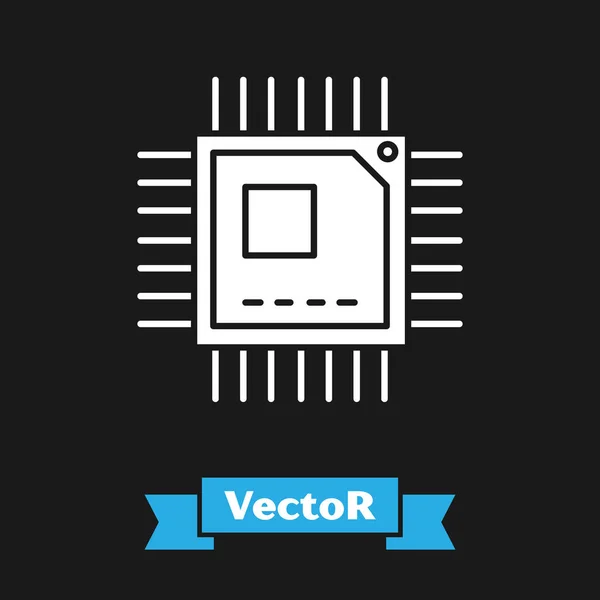 White Computer processor with microcircuits CPU icon isolated on black background. Chip or cpu with circuit board sign. Micro processor. Vector Illustration — Stock Vector