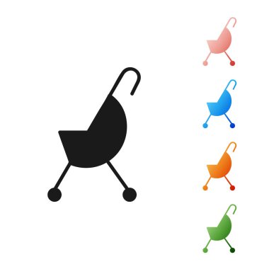 Siyah bebek arabası simgesi beyaz arkaplanda izole edildi. Bebek arabası, at arabası, bebek arabası, bebek arabası, tekerlek. Simgeleri renklendirin. Vektör İllüstrasyonu