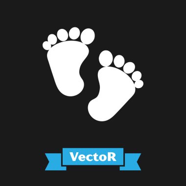 Beyaz Bebek ayak izleri simgesi siyah arkaplanda izole edilmiş. Bebek ayağı işareti. Vektör İllüstrasyonu