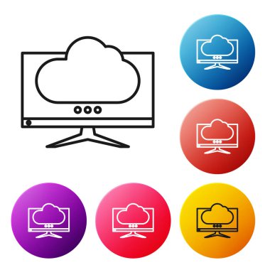 Siyah çizgi bilgisayar ekranı ekranı simgesi beyaz arkaplanda izole edildi. Elektronik cihaz. Ön manzara. Renkli daire düğmelerini ayarlayın. Vektör İllüstrasyonu