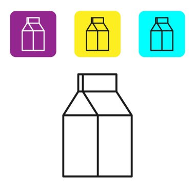 Süt simgesi için siyah çizgi kağıt paketi beyaz arka planda izole edildi. Süt paketi işareti. Renkli kare düğmeleri ayarlayın. Vektör İllüstrasyonu