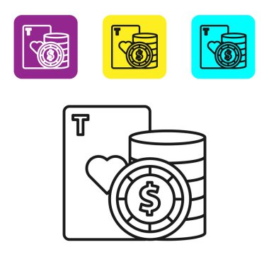 Siyah çizgi kumarhane çipi ve beyaz arka planda izole edilmiş iskambil simgesi. Kumarhane pokeri. Renkli kare düğmeleri ayarlayın. Vektör İllüstrasyonu